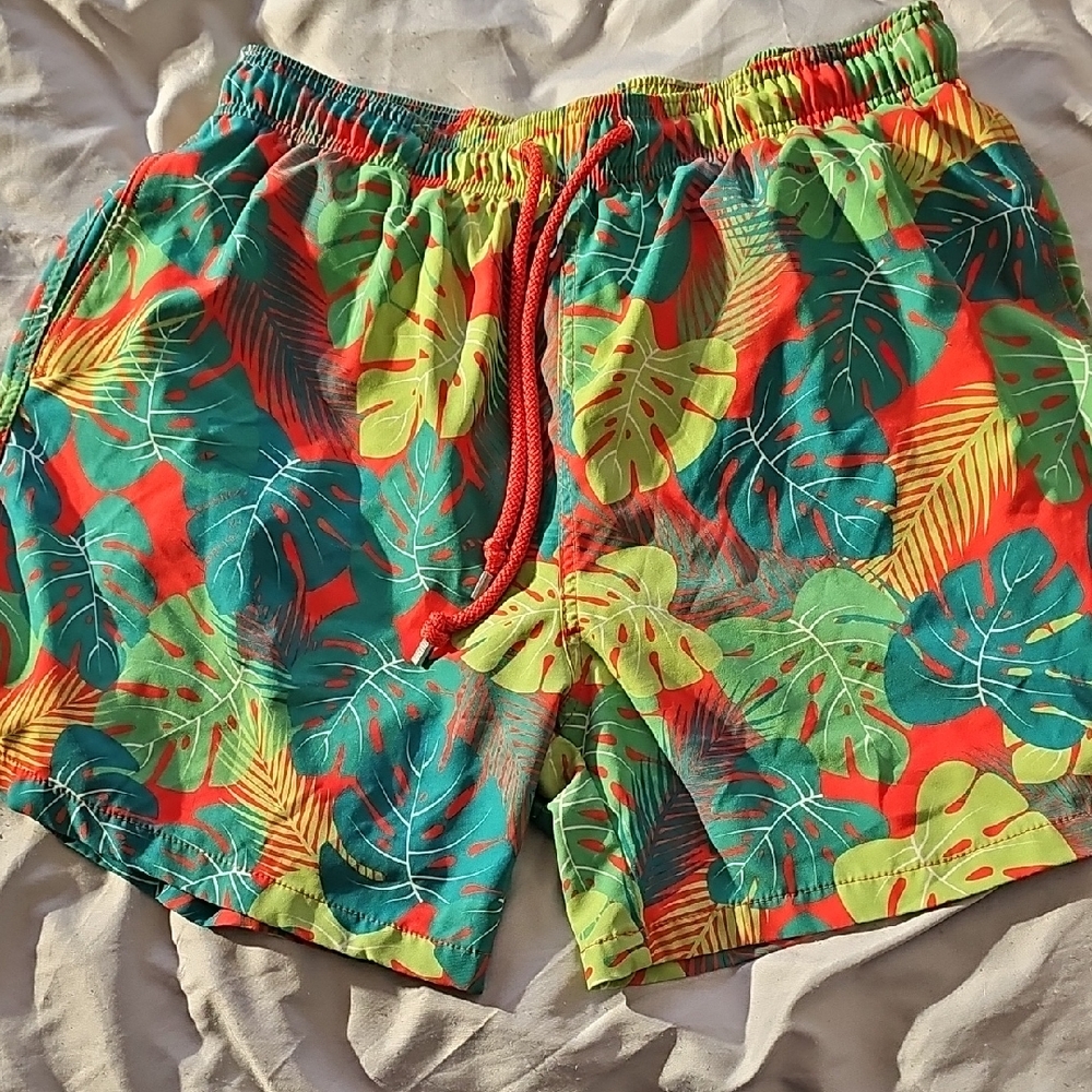 Vibrant Leaf Print Men's Swim Trunks